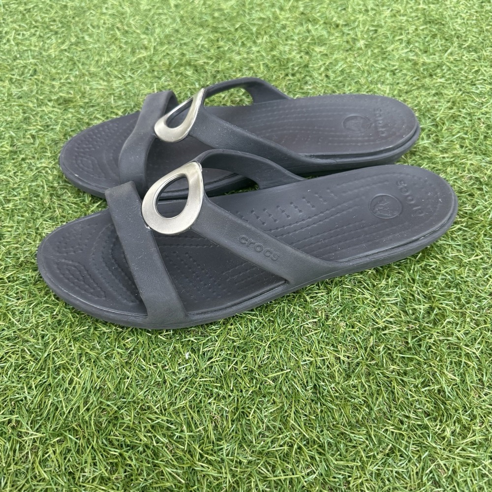 Crocs Sanrah Wedge Sandals Womens Size‎ 11 Black Silver Ring Rare Comfort - Picture 4 of 8